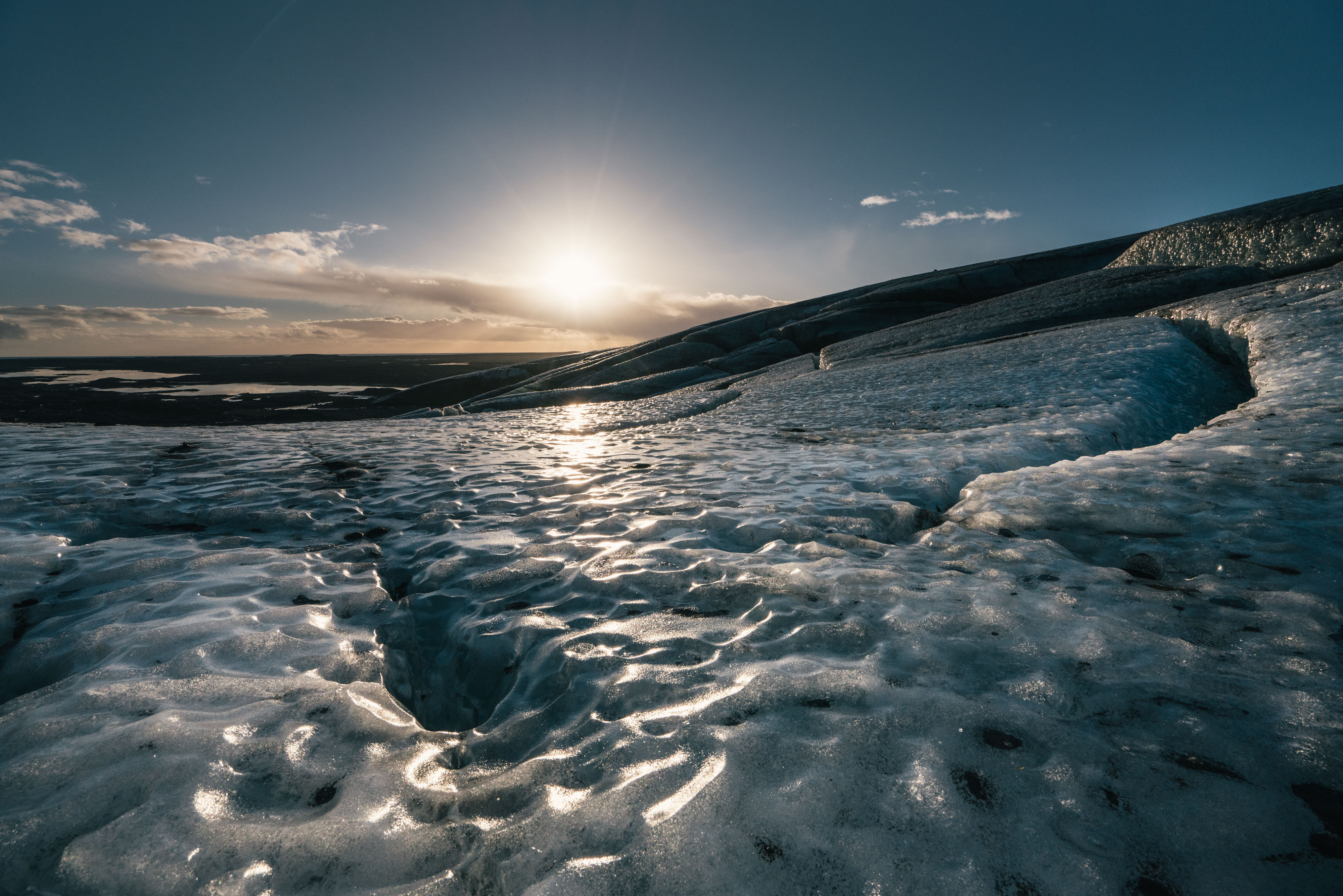 Wednesday 25th November 2015, Vatnajökull national park, Iceland: Photographer Mikael Buck with assistance from renowned local Icelandic guide Einar Runar Sigurdsson, explored the frozen world of Vatnajökull glacier in Iceland using Sonys world first back-illuminated full-frame sensor  which features in the ?7R II camera. His images were taken without use of a tripod or any image stitching techniques in photoshop. This was made possible through Sonys new sensor technology, allowing incredibly detailed low-light hand held photography. Previously images this detailed would have required carrying bulky equipment to the caves, some of which can require hiking and climbing over a glacier for up to two hours to to access. This picture: The view on top of the Vatnajökull glacier whilst hiking to access the caves PR Handout - editorial usage only. Photographer's details not to be removed from metadata or byline. For further information please contact Rochelle Collison at Hope & Glory PR on 020 7014 5306 or rochelle.collison@hopeandglorypr.com Copyright: © Mikael Buck / Sony 07828 201 042 / mikaelbuck@gmail.com